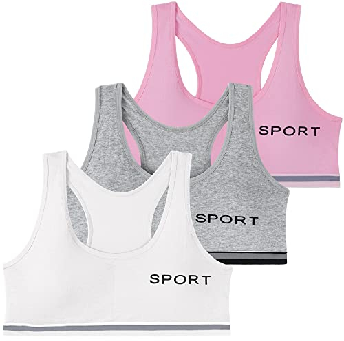 EDS Service Teen Girls Bra, Kids Crop Top Bra, Girls Training Bra with Removable Pad, Cotton Sports Vest for Age 8-14 Years 3 Pack
