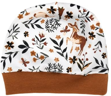 Mütze Beanie Waldtiere Boho Rehkitz Hase Eichhörnchen Baby Jungen Mädchen Frühchen handmade Geschenk Geburt Babyparty (KU 43-45 cm, leichte Mütze ohne Futter, creme-zimt)