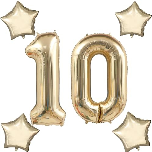Blasses Gold Luftballons Zahl 10+4 pcs stern Folienballon Zahl 10 .Geburtstag mädchen,40 Riesenzahl Ballons 10.geburtstagsdeko Jungen,Zahlenballon 10, Helium Ballons 10 Zahlen Luftballons