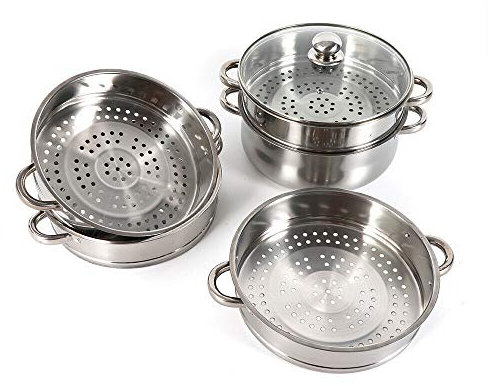WindWilder 5-Tier Stainless Steel Steamer Cooker Pot Set 26cm / 28cm /30cm Cook Food Steamer Pan With Glass Lid Kitchen Cookware (26CM)