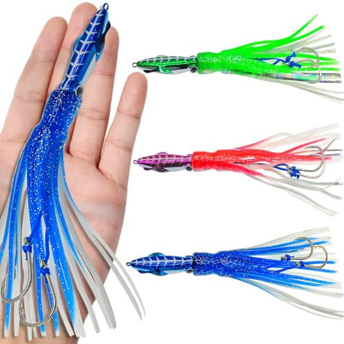 FREGITO 3pcs Squid Skirt Lure, Slow Jigging Octopus Shape Trolling Bait, Large Simulation Artificial Lures Baits Lifelike Plastic Fishing Soft Lure for Saltwater and Freshwater Deep Sea