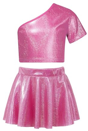 Oyolan Traje De Baile De Jazz para Niñas Vestido De Porrista Crop Top Un Hombro Manga Corta con Falda Corta Metálico Conjundo De Danza Moderno Hiphop Rosa Caliente G 5-6 años