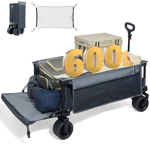 TIMBER RIDGE Carro Plegable Extra Largo 600L con Portón Trasero, Carrito de Playa con Bolsillo Lateral Soporte para Bebidas Asa Ajustable Carrito de Jardín Carrito de Transporte para Todo Tipo