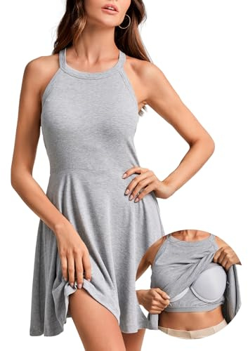 ANYFITTING Vestido Verano Mujer Sin Mangas con Sujetador Incorporado Vestidos Corto Cuello Hálter Casual Vestido Playa con Bolsillos Mini A-Línea Vestido Hombros Descubiertos Casual Gris Claro L