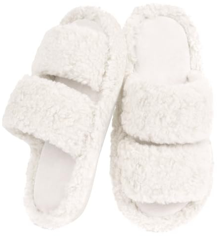 OFFCUP Zapatillas de Estar por Casa para Mujer, 38/39 EU Felpa Punta Abierta Chanclas Pantuflas, Antideslizante Pantuflas Suaves de Peluche con Acogedora Espuma Interior y Exterior (Blanco)