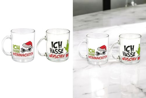 M.Kritzinger's Trinkglas mit Henkel Festtags-Muffel, 350ml, 2 Designs (Ich Hasse Weihnachten)