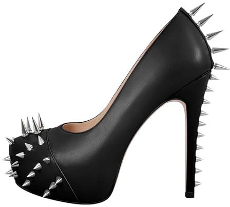 blingqueen Stiletto High Heels Runde Zehen Pumps Plateau Damenschuhe Slip on Punk Stil mit Nieten Glattleder Schwarz 42 EU