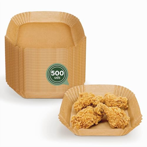 MAXI PRODUCTS - 500 Moldes Airflyer Papel Siliconado Cuadrado - 16 x 16 x 4,5 cm (3,5-4,5 L) - Recipiente Airfryer - Papel Freidora de Aire - Complementos Airfryer - ANTIADHERENTE Y IMPERMEABLE