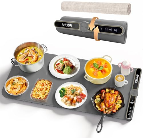 AMOSA Warming Mat for Food, Fast Heating Electric Food Warmer with 9 Level Temperature & 6 Hours Timer, Extra Large Roll-Up Silicone Warming Tray, Portable Food Warming Mat for Buffets Party (Grey)