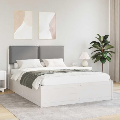 Tonture Bettgestell mit gepolstertem Kopfteil Hellgrau, 140 x 200 cm Doppelbett, Massivholz Kiefer, kein Boxspring nötig, modernes Schlafzimmer Möbel