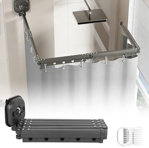 Faltbare Duschvorhangstange mit Saugnapf Und Dusch-vorhang,Duschvorhang Ohne Bohren,Einziehbarer Wäscheständer, Duschvorhangstange für Badezimmer, Ecke (5Wege Grau+1,8x 2m Duschvorhang)
