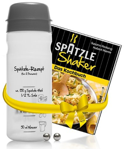 EINSTEIGER-SET für VEREINFACHTES SPÄTZLE MACHEN mit dem patentierten Spätzle-Shaker (675 ml) in SCHWARZ für 2 Portionen Spätzle + kreativem Rezeptbuch (8. Auflage, Verlag Südwest)