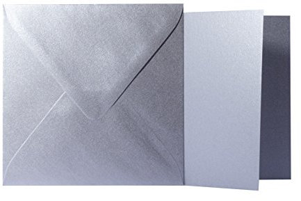 Briefumschläge24Plus 25 Quadratische Silber Briefumschläge 120g von der Größe 10 X 10 cm + Klappkarten 240g von der Größe 9,5 X 9,5 cm, mit dreieckiger Lasche zum Kleben ohne Fenster