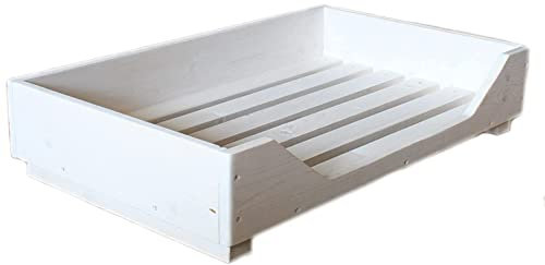 dekorie67 Hundebett aus Holz für große Hunde - 110 x 65 cm - Farbe: Weiß - Hundekorb/Hundesofa/Katzenbett aus Massivholz