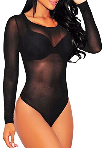 Toocool - Body Femme Sous-Pull Top Transparent Voile Col Rond Manches Longues LC6581, Noir , S/M