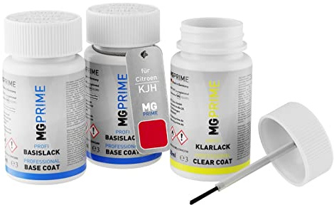 MG PRIME Autolack Lackstifte für Citroen KJH Rouge Scarlet + Klarlack | Scarlet Rot, Set aus Grundlack + Basislack + Klarlack, Lackfläschchen mit Pinsel, je 50ml