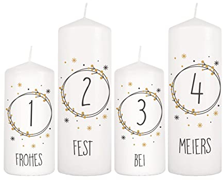 Herz & Heim® Adventskerzen Set mit Aufdruck - 4 Stück - Einzigartige Dekorationsidee für Ihren Adventskranz oder das Adventsgesteck Modern