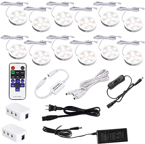 AIBOO Under Counter Lighting Kit,12 pcs 4000K Plug in LED Puck Lights,24W Ultra Slim Dimmable White Fixtures for Kitchen Cabinet,Wine Cabinet,Closet and Showcase Lighting(4000K, Natural White)