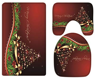 A.Monamour Badezimmer Badematte 3 Teilig Set Roter Hintergrund Abstrakt Kiefer Kranz Goldene Band Weihnachten Urlaub Flanell Saugfähig Badteppiche Badvorleger Badgarnitur Wc Vorleger