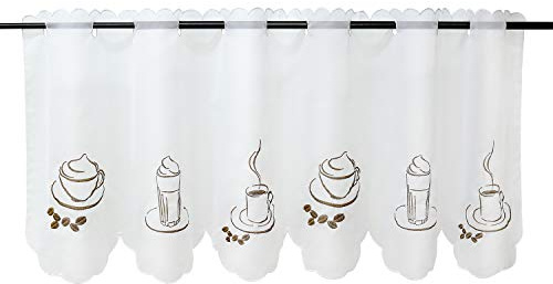 HeichkelL Voile Kaffee Motive Scheibengardine, Weiß HxB 60x120 cm | Besseit Gardine, Küche Kurzstore, Transparente Bistrogardine