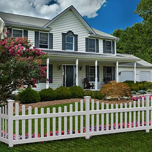 3.5ft H x 6ft W (1 Panel + 1 Post) No Dig WamBam All American Scallop Top Fence Kit, White Vinyl Picket Fence, Easy Install Outdoor Fence for Backyard or Patio, DIY Decorative Fencing, ZP19041