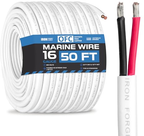 Iron Forge Cable Cable marino de calibre 16, 50 pies, cable de 16 AWG para cableado de barco, cable eléctrico dúplex de cobre estañado 16/2 de grado marino para barcos, muelles, caravanas, energía
