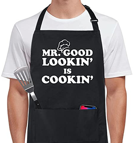 Xornis 100% Cotton Funny Aprons for Men Mr. Good Looking is Cooking Kitchen Grill BBQ Adjustable Bib Aprons with 2 Pockets Gifts for Dad Father's Day Birthday Anniversary