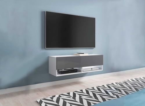 Meuble TV suspendu 1 porte 2 niches blanc et gris ROMANE - 100 cm