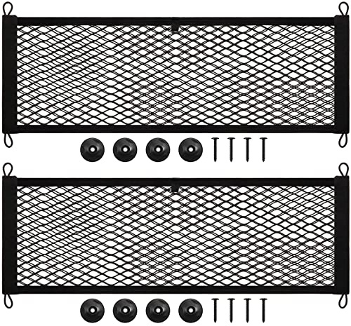 Frienda 2 Pieces Stretchable Small Cargo Net Pocket Storage Mesh Net Elastic Automotive Storage Pouch with 8 Pieces Mounting Screws and Hooks for Truck Car SUV Boats(29 x 9.8 Inches)