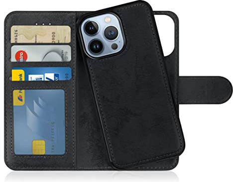 MyGadget Flip-fodral för iPhone 14 Pro - [avtagbart magnetfodral] - mobilfodral av konstläder - [flipfodral med kortplats] skyddsfodral i gråsvart