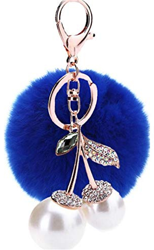 Canarea Schlüsselanhänger Pompons Plüsch Flauschige Taschenanhänger, Faux Kaninchen Pelz Plüschball mit Wiege-Bär Strass Dekor Kugel bommel Keychain Ring für Handtasche Schlüssel (Blau)