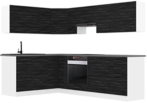Belini - Blocco da cucina a forma di L Janet Mobili da cucina con maniglie, senza elettrodomestici, armadi inferiori, senza controsoffitti, ebano reale