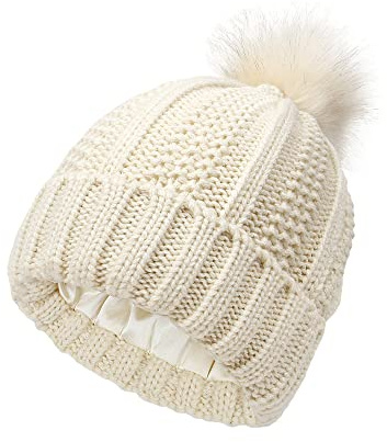 TOEECY Bommelmütze Mütze Damen Winter Warme Beanie Satin Gefüttert Weiche Strickmütze Schützen Frisur Wintermütze Mit Kunstpelz Bommel für Frauen