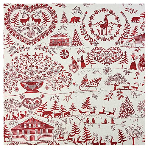 Leinenstoff Folklore Dekostoff in natur und rot Landhaus-Deko bedruckt Gebirgslandschaft Bellevue 140 x 50 cm