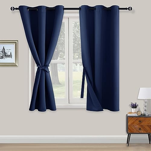 XWZO Blackout Curtains Shades Window Curtain Panels with Tiebacks- Noise Reduction and Thermal Insulated Eyelet Curtains for Bedroom,Living Room,Office,Study Room Navy W46xL54