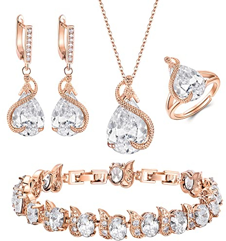 EVER FAITH 4 Stück Tropfen Cubic Zirconia Schmuck Set Glamour Anhänger Halskette Ohrringe Tennis Armband und Offener Ring für Damen Hochzeit Party