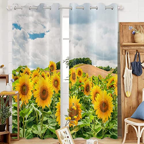 FIBITA Vorhang Blickdicht Sonnenblume Vorhänge Bauernhof Gardinen Wohnzimmer Schlafzimmer Verdunklungsvorhänge Thermovorhang 3D Druck Schallschutz Vorhang mit Ösen 2er Set B 110 x H 215 cm