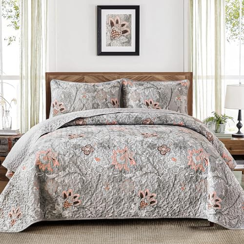 WONGS BEDDING Floral Quilt Set Queen Size, Grey Botanical Queen Bedspread Bedding Sets Soft Lightweight Microfiber Flower Gray Coverlet Set 3 Pieces for All Season (96x90)