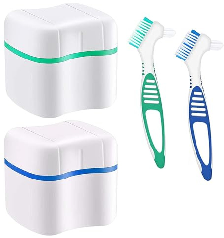 Estuche para 2 dentaduras postizas, juego de cepillos para dentaduras postizas, con cepillos limpiadores para dentaduras postizas, para almacenamiento de dientes postizos, limpieza, verde + azul
