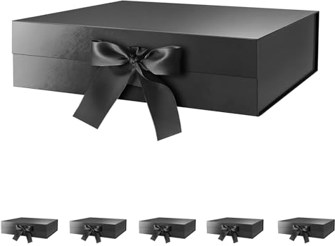 BLK&WH 6 große Geschenkboxen mit Band, 34,9 x 22,9 x 10,4 cm, schwarze Geschenkboxen mit Deckel, große Trauzeugen-Antragsboxen, luxuriöse Magnetboxen für Geschenke (glänzendes Schwarz)