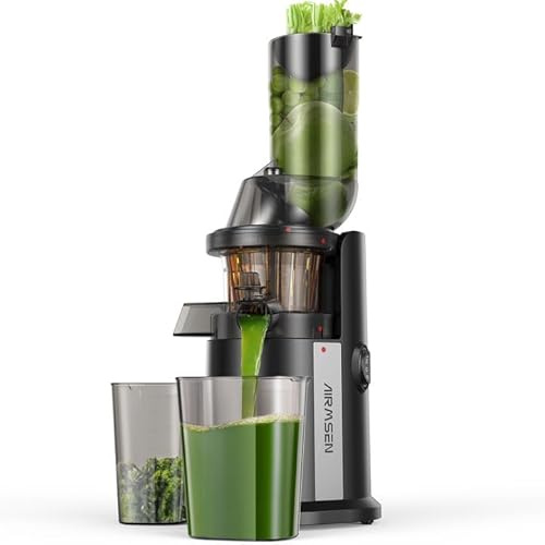 AIRMSEN Extractor de Zumos y Verduras, 82MM Apertura Extractor de Jugo para Verduras y Frutas Enteras, Licuadora Prensado en Frío Slow Juicer Sin BPA, Fácil de Instalar, 150W (Negro)