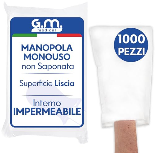 G.M. DISTRIBUZIONE 1000 Manopole non Saponate usa e getta Impermeabili, Per la Detersione e l’igiene di Pazienti Anziani ed Allettati, Guanto Monouso Lavapaziente, Interno Impermeabile