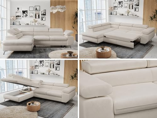 MKS MEBLE Ecksofa Wohnlandschaft L-Form mit Schlaffunktion und Bettkasten, Schlafsofa mit Bettkasten, Sofa mit Einstellbare Kopfstützen, Peter L - Velvet (Paros) - Links Hellbeige