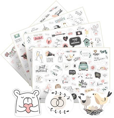 Sticker Hochzeit Gästebuch – 200 Aufkleber auf 4 Bögen – Sticker für Fotoalbum, Scrapbook, Bullet Journal – Stickerset Hochzeit mit Liebe und Herz – für Hochzeitsgästebuch, Hochzeitsalbum - NATURE