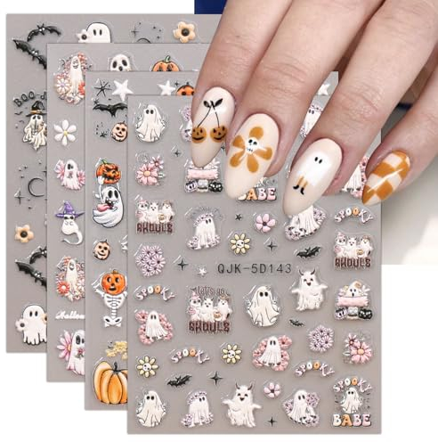 JMEOWIO 3D Nagelsticker HalloweenNail Art Sticker Selbstklebend Nagelaufkleber 5D Stereoskopisch Süßer Geist Dekoration Nageldesign Zubehör 4 Blatt