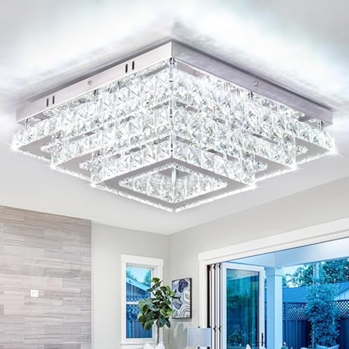 Finktonglan 38 cm Quadratische Kristall LED Deckenleuchte, 61W 6500K | Integrierte LED, festes 6500K Kaltweiß, nicht dimmbar, K9 Kristall und Edelstahl für Wohnzimmer, Schlafzimmer und Esszimmer