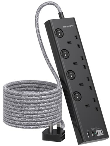 3M Black Extension Lead, 4 Way Extension Socket with 4 USB Slots(2 USB C), Individually Switched, Extension Cable 3M, Wall Mount, Desk Power Strip for Home Office Accessories