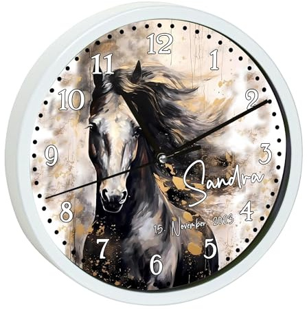 CreaDesign, Wanduhr Kinder personalisiert mit Name, Motiv Wanduhr mit weißen Rahmen Pferd Watercolor, Rahmen Wanduhr weiß, Ø 19,5 cm