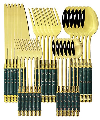 CRBUDY 30 Pezzi Set di stoviglie in Ceramica Oro Bianco Posate in Acciaio Inox Forchetta Cucchiaio Coltello Set da tavola