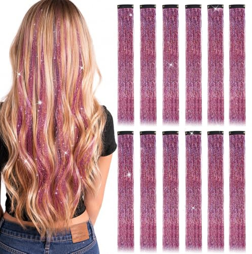 Dalababa 12 Pezzi Extension Capelli Colorati per Bambini, Extension Clip in Glitter Hair Tinsel, Sintetiche Colorate Ciocche Capelli per Ragazze Donne Festival Feste